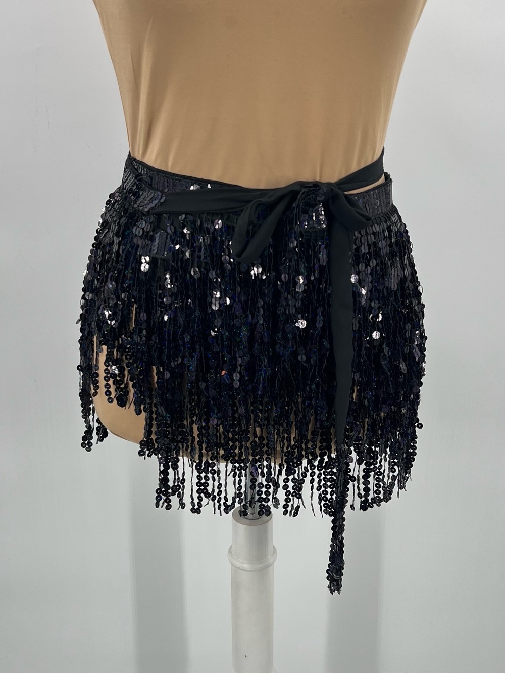 Black Sequin Fringe Wrap Skirt Festival Rave Coachella Belly Dance concert O/S